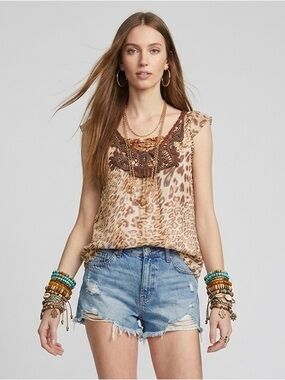 NY Collection Leopard Sheer Beaded Blouse M Brown Boho Fairycore  Top
